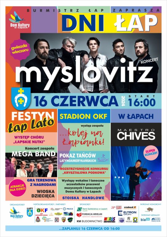 Dni Łap 2024; koncert zespołu Myslovitz, zespół Mega Band, Maestro Chivas, Kolej na Łapianki, nie zabraknie innych atrakcji dzieciom i dorosłym.