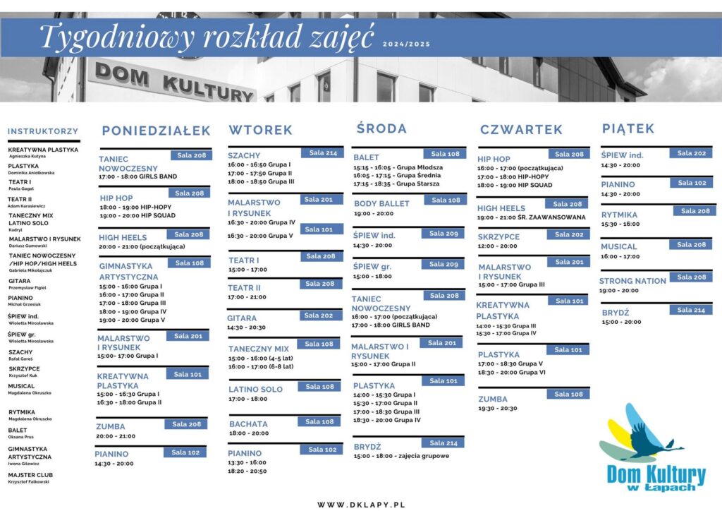 tygodniowy rozkład zajęć domu kultury w łapach rok 2024-25.9