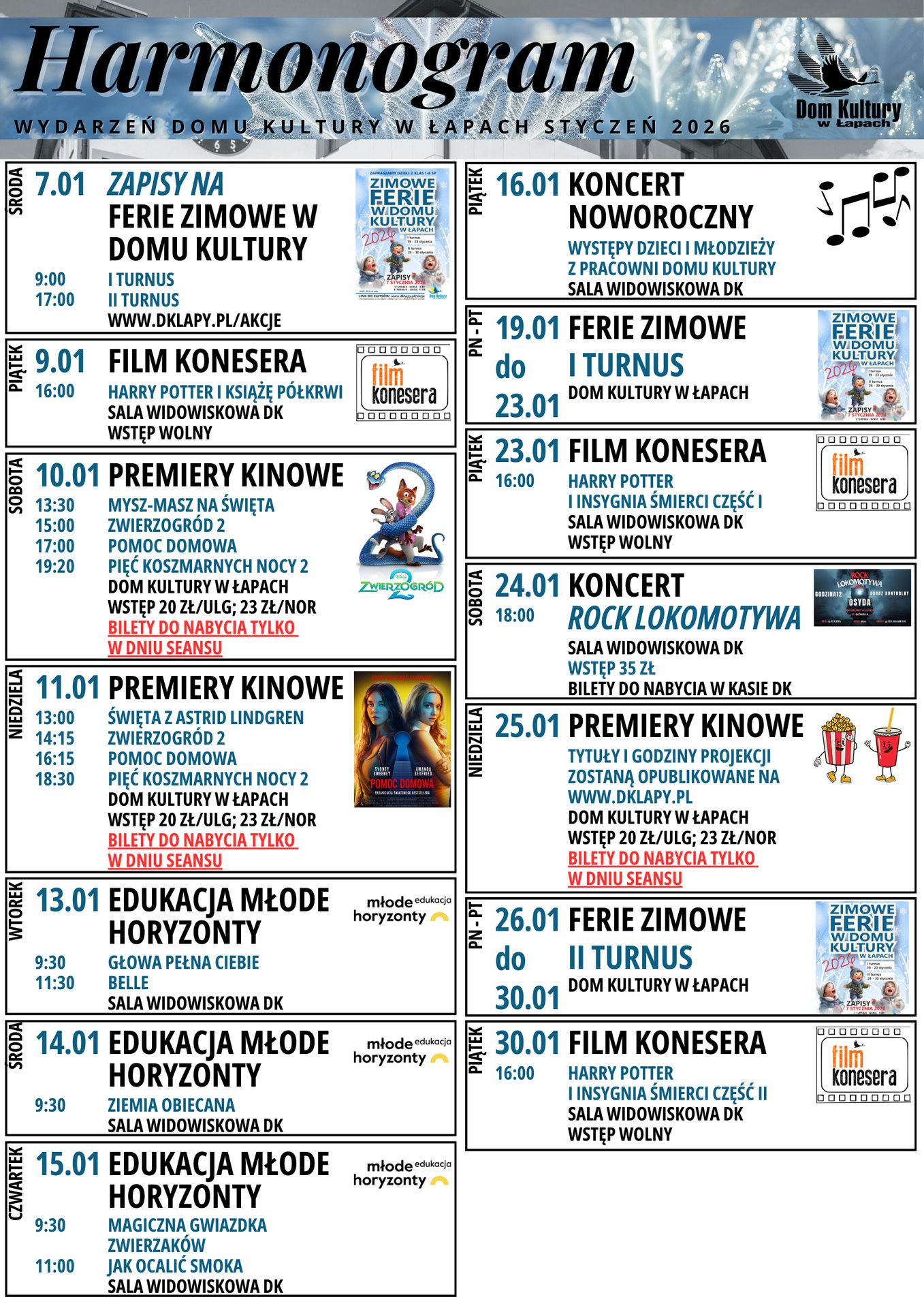 kalendarium styczeń domu kultury w łapach
