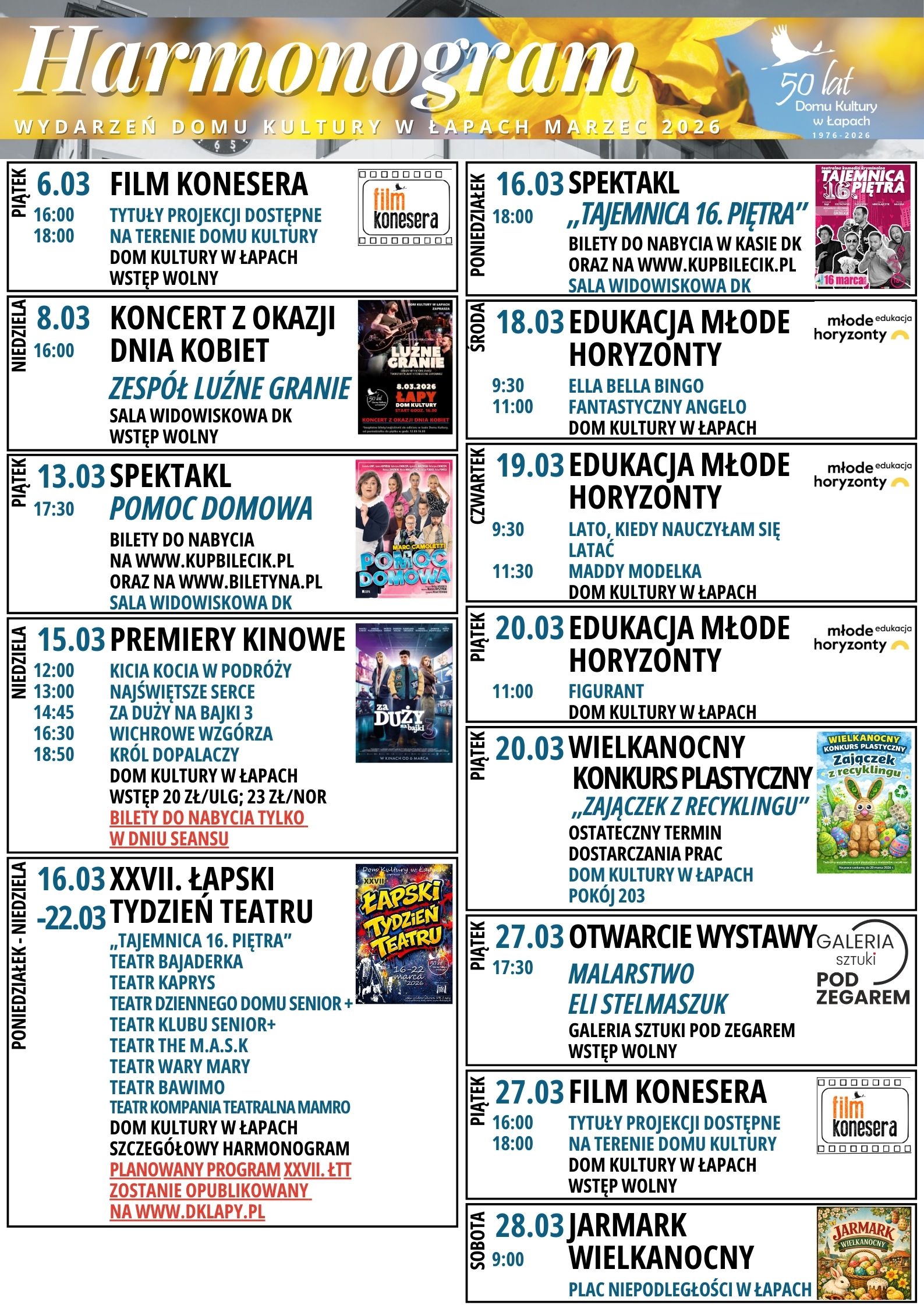 Harmonogram marzec Dom Kultury w Łapach